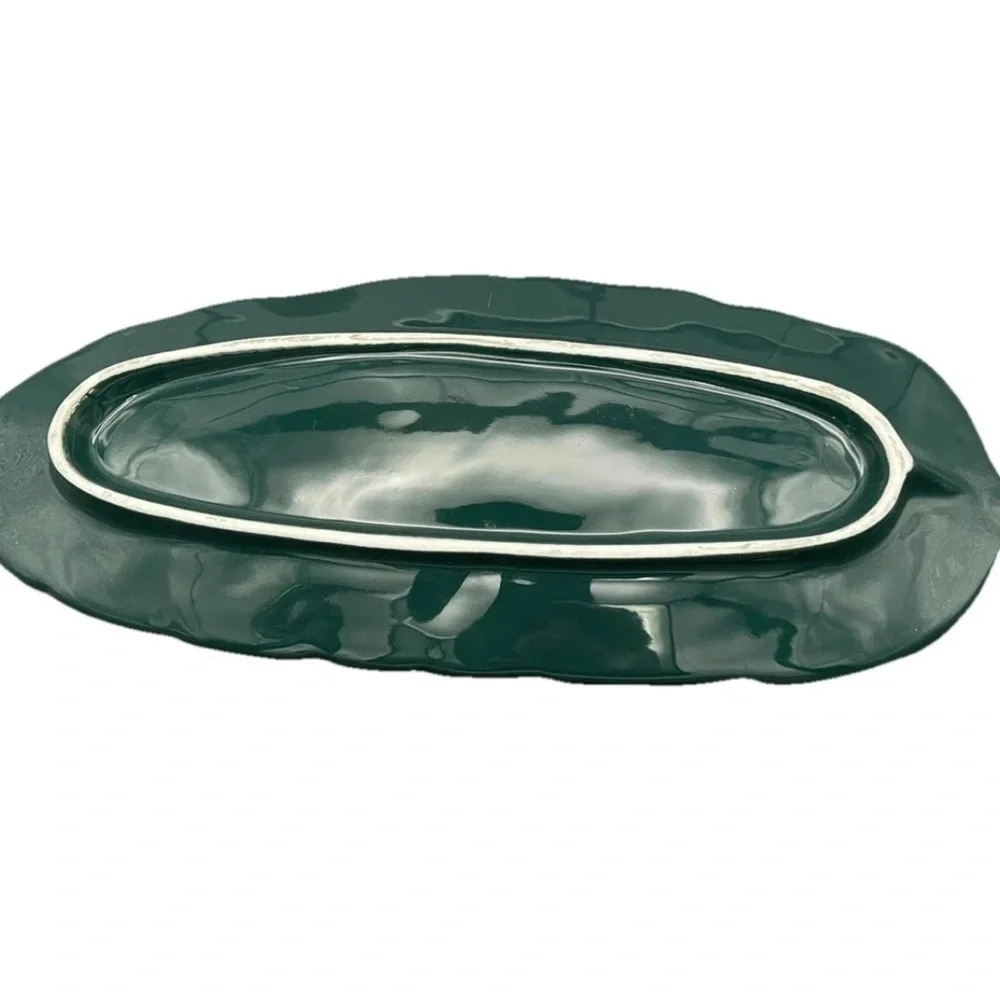 Leaf Trinket Serving Tray Decor Green  Accent Plate Gold Trim Boho Nature 10'